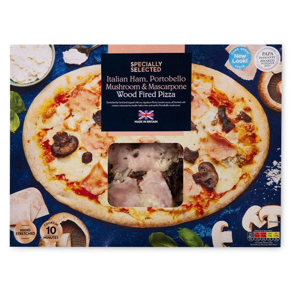 Specially Selected Italian Ham, Portobello Mushroom And Mascarpone Wood Fired Sourdough Pizza 520g